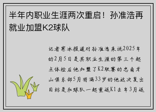 半年内职业生涯两次重启！孙准浩再就业加盟K2球队